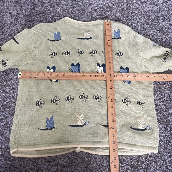 Vintage Cardigan Sweater Medium Green Yellow Butterfly Bee Embroidered Knit - Picture 9 of 9